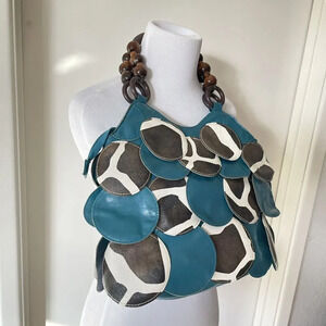 Turquoise Giraffe Print Circle Wood Beads Handle Handbag